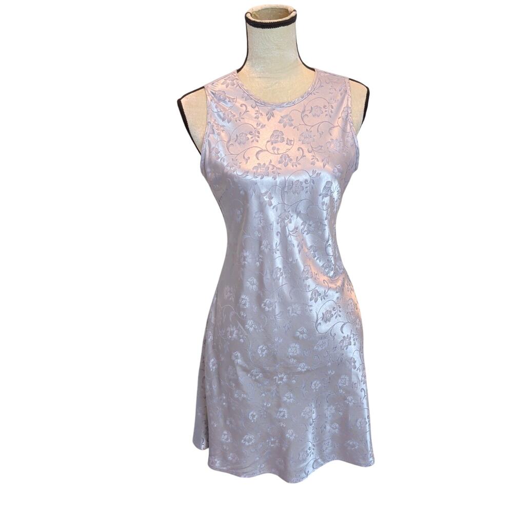 Vtg 90s Y2K Steppin Out Lavender Satin Floral Jaquard Bias Cut Slip Dress